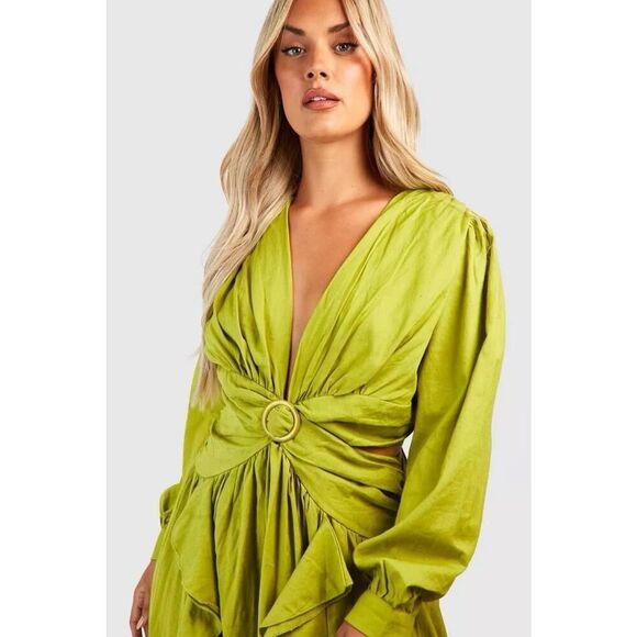 Plus Size Linen Look Olive Cut Out Ruffle Maxi Dress US 20 Long Sleeve Boho - Picture 5 of 16